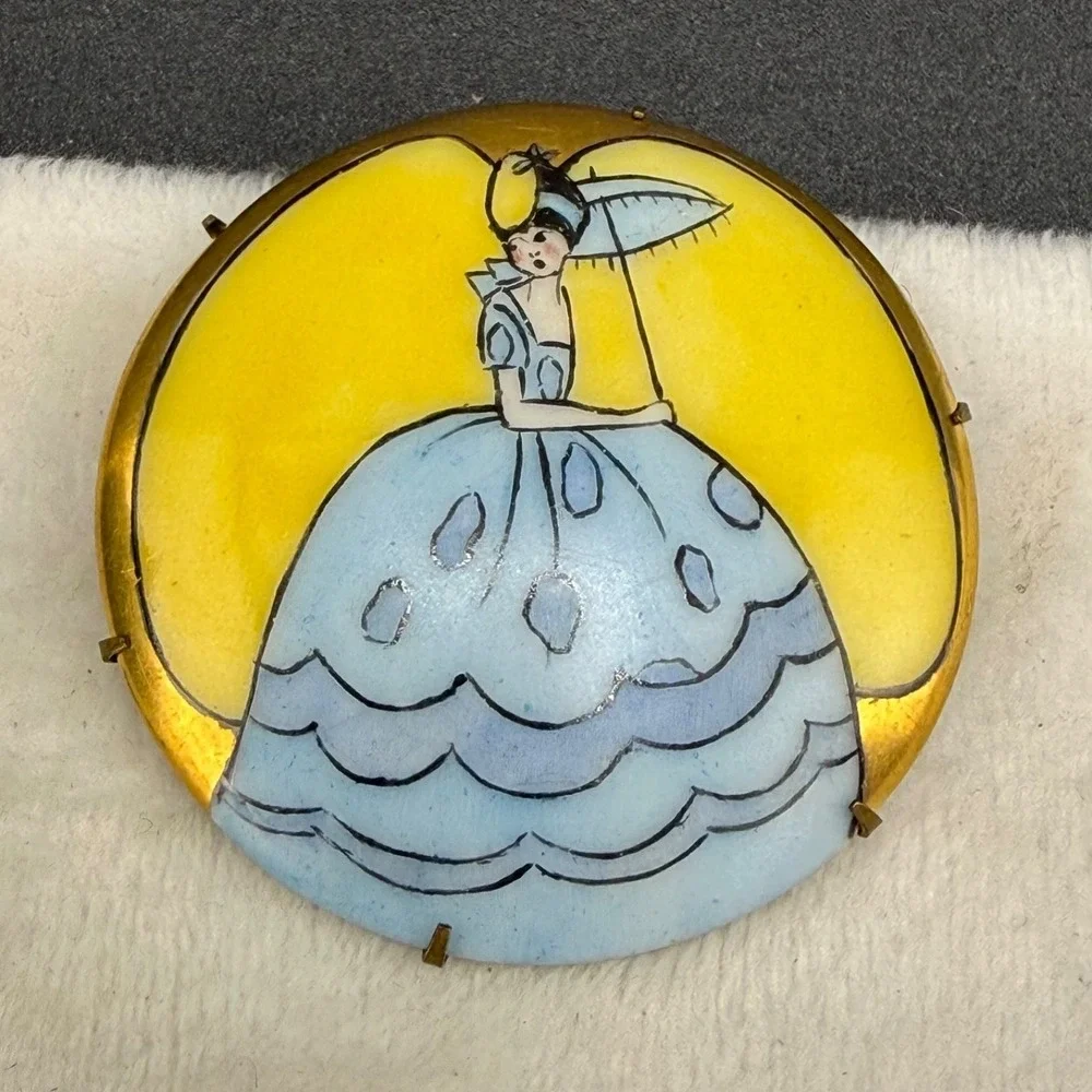 Vintage Victorian Painted Porcelain Brooch Yellow Woman With Umbrella